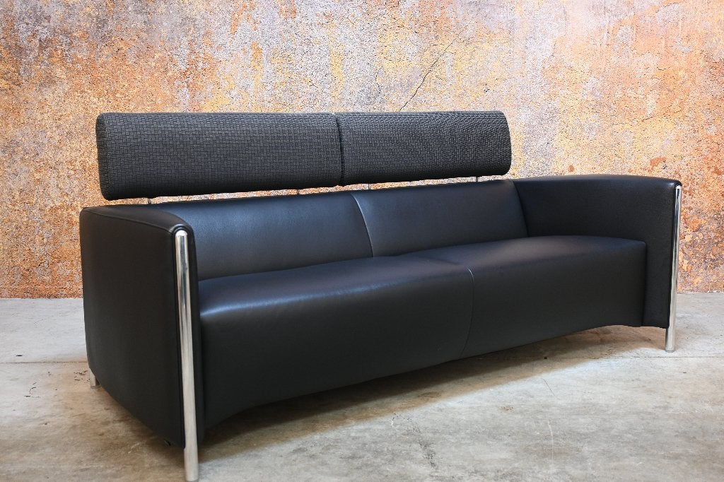 ZGANieuw zwarte leren Leolux Goncharov design bank, Leolux, Leolux, Driepersoons, 75 tot 100 cm
