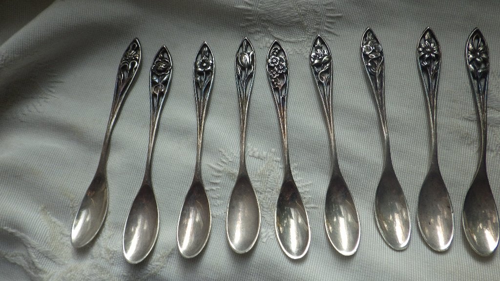 Antieke zilveren thee lepeltjes  met bloemen - Art Nouveau, Verzenden