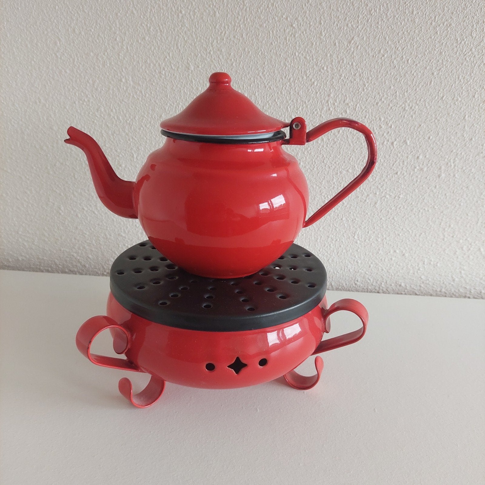 Vintage rode emaille theepot met theelicht, Ophalen of Verzenden