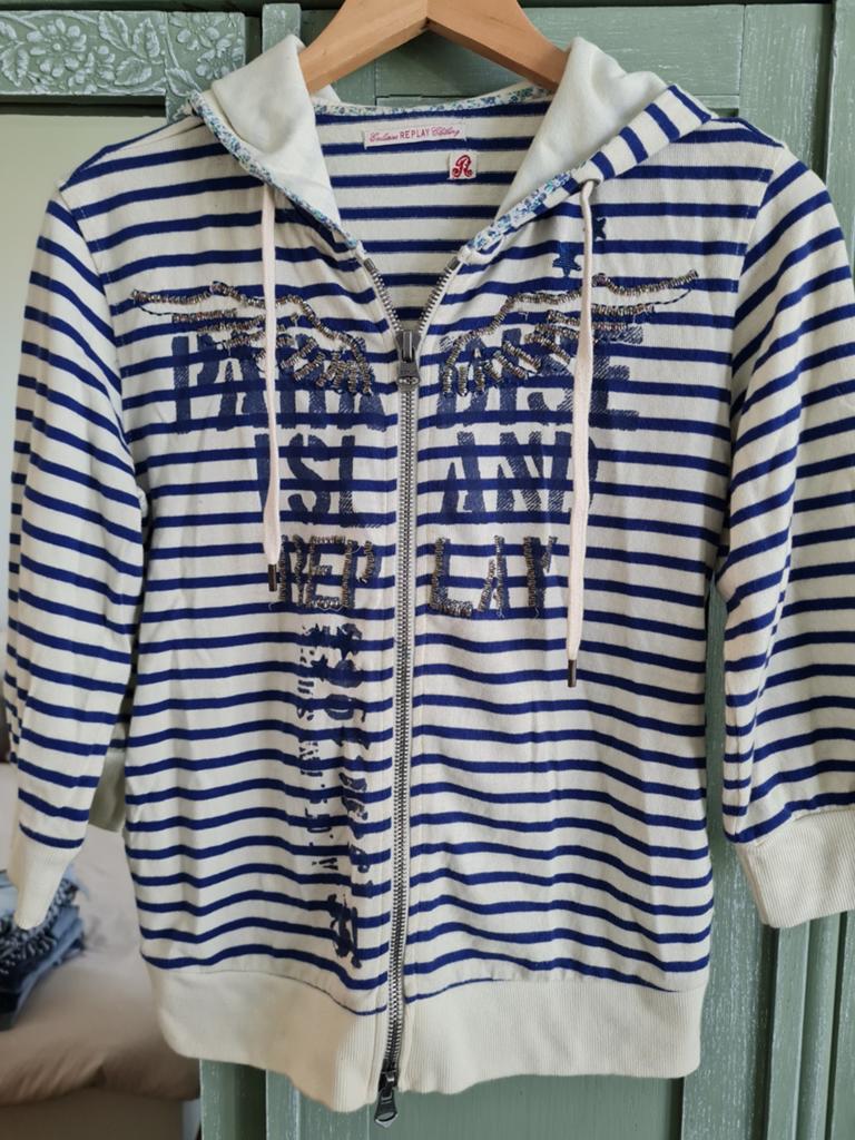 Replay Bretonse streep hoodie vest maat M blauw, Maat 38/40 (M), Blauw, Replay, Ophalen of Verzenden