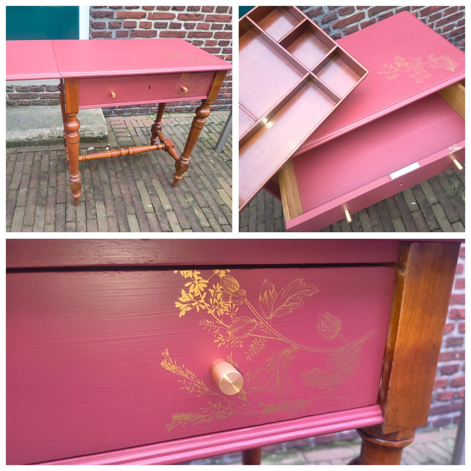 Unieke bijzettafel of klein bureau, Ophalen, Met lades, Gebruikt, Hout