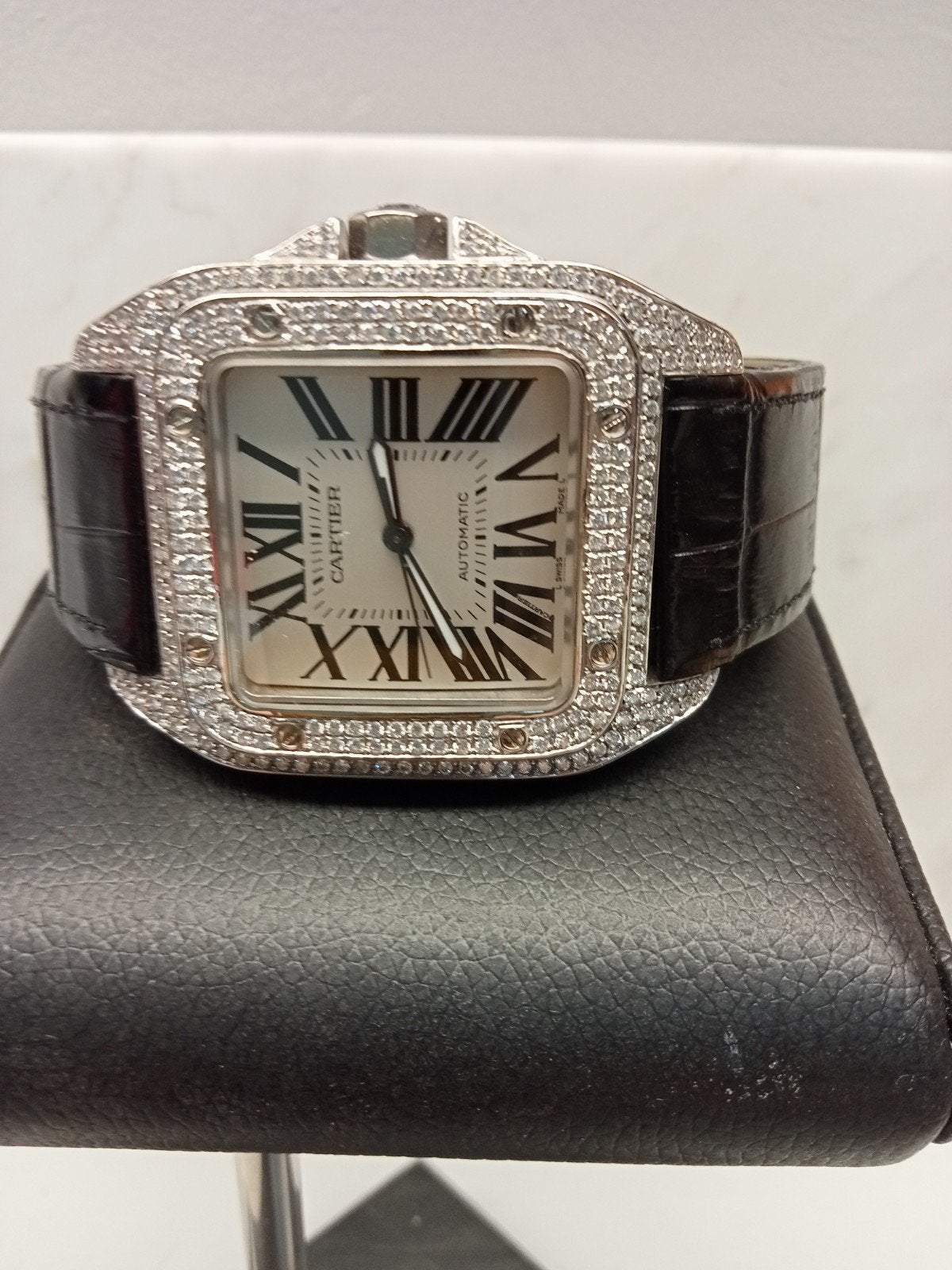 Cartier Santos XL 2656 full set met hoogwaardig briljant, Leer, Staal, Polshorloge, Zo goed als nieuw