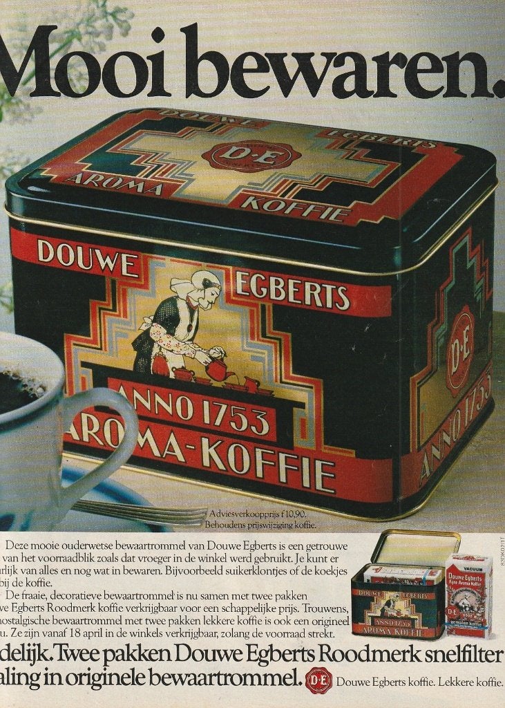 Retro reclame 1983 Douwe Egberts koffie blik bewaartrommel, Verzenden, Overige typen