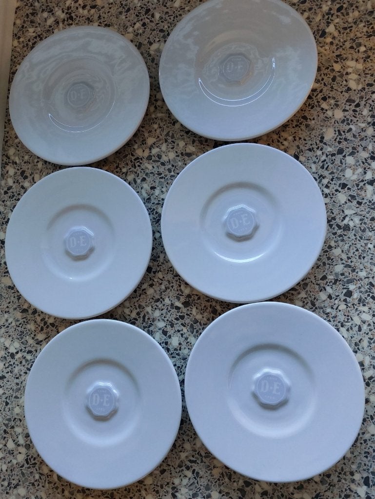 DE Douwe Egberts 6 schotels blauw grijs, Ophalen of Verzenden, Zo goed als nieuw, Overige stijlen, Kop(pen) en/of Schotel(s)