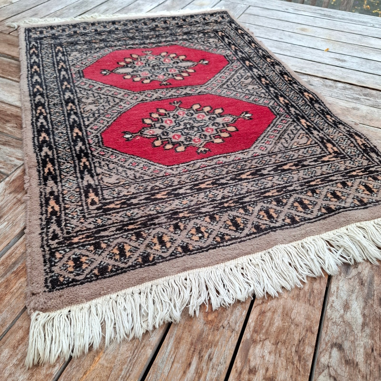 Vintage handgemaakt wollen kleed/tapijt 90x64 cm, 50 tot 100 cm, Vintage, Zo goed als nieuw, 50 tot 100 cm