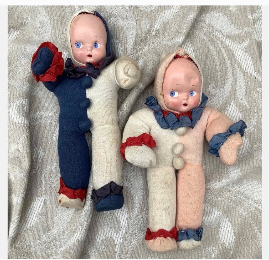 2 x antieke oude stoffen popjes, rond 1920, hoogte 20 cm, Gebruikt, Ophalen of Verzenden, X, Pop