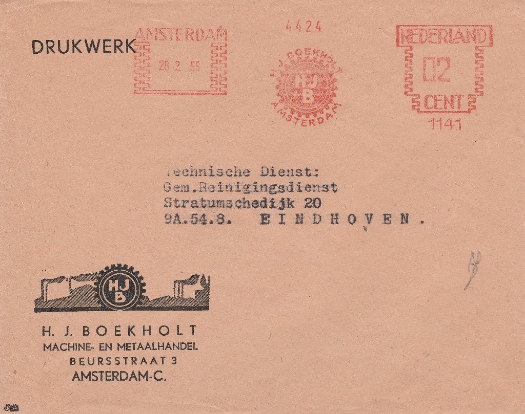 AMSTERDAM 1955 HJ. BOEKHOLT Machine-metaalhandel Beursstr 3, Ophalen of Verzenden, 1940 tot 1960, Gelopen, Noord-Holland