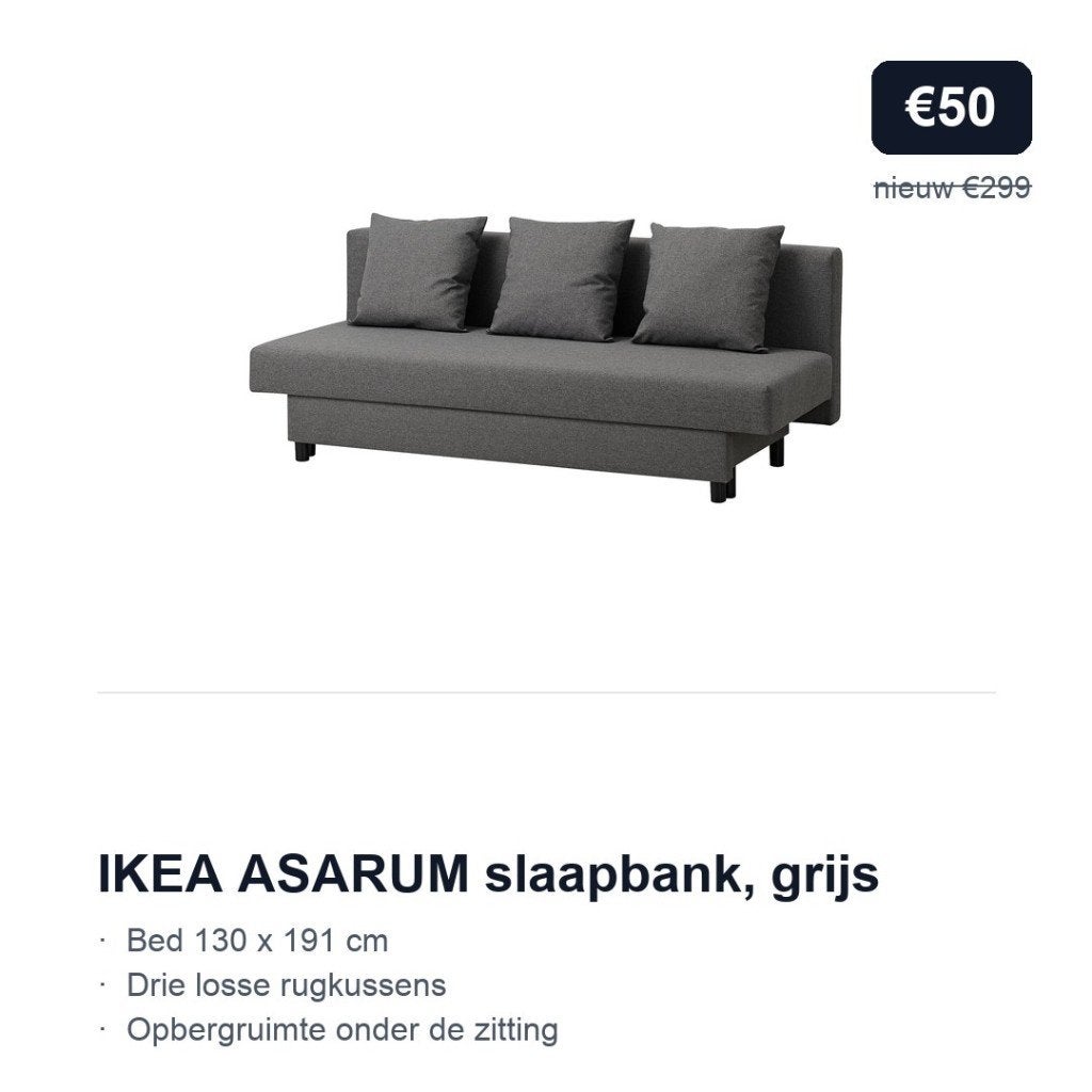 IKEA ASARUM slaapbank 130x191 | nieuw €299, nu €50, Ophalen, Gebruikt, Tweepersoons, 140 cm