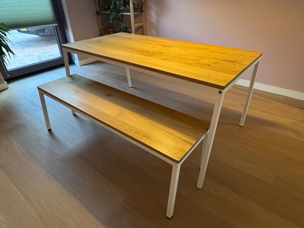 Purewood Norberg eettafel eikenhout wit onderstel met bank, Ophalen, Gebruikt, 100 tot 150 cm, Eikenhout