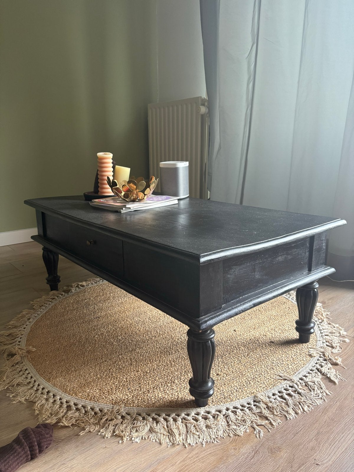 Zwarte houten salontafel met lades, Huis en Inrichting, Tafels | Salontafels, Ophalen, Gebruikt, 100 tot 150 cm, 50 tot 100 cm