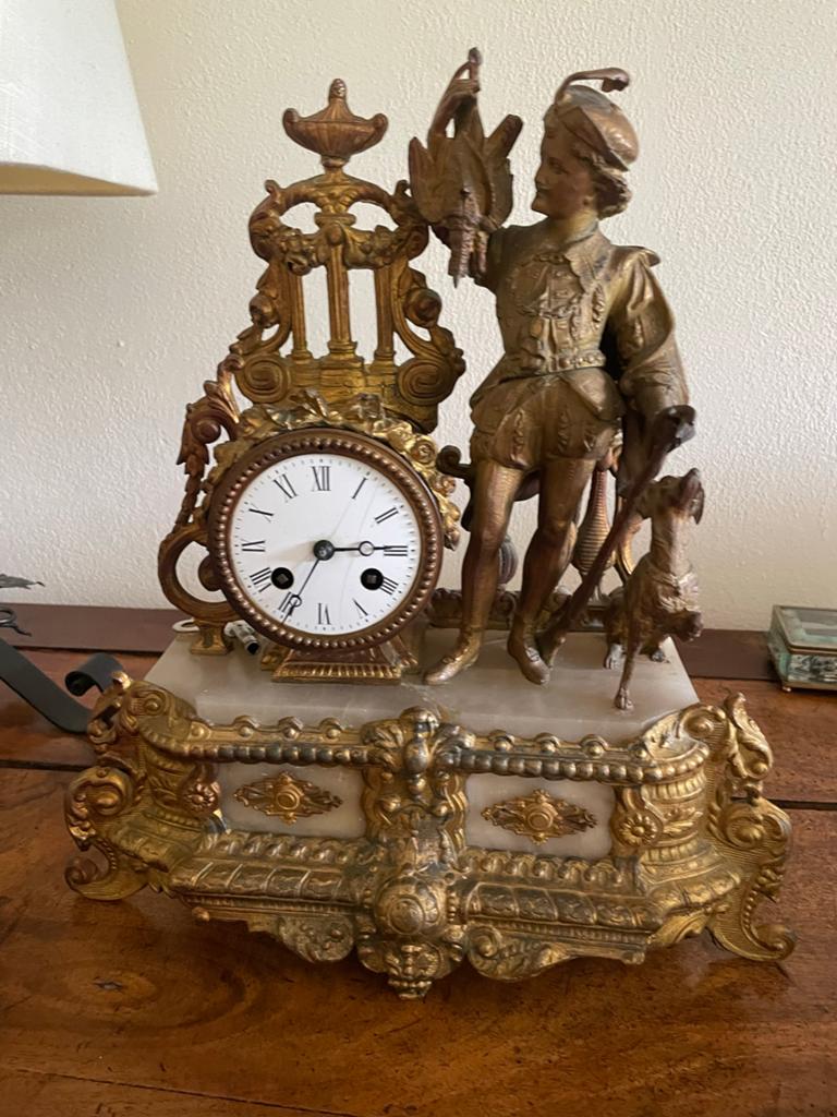Antieke Franse bronzen pendule met jager en hond, Antiek en Kunst, Antiek | Klokken, Ophalen