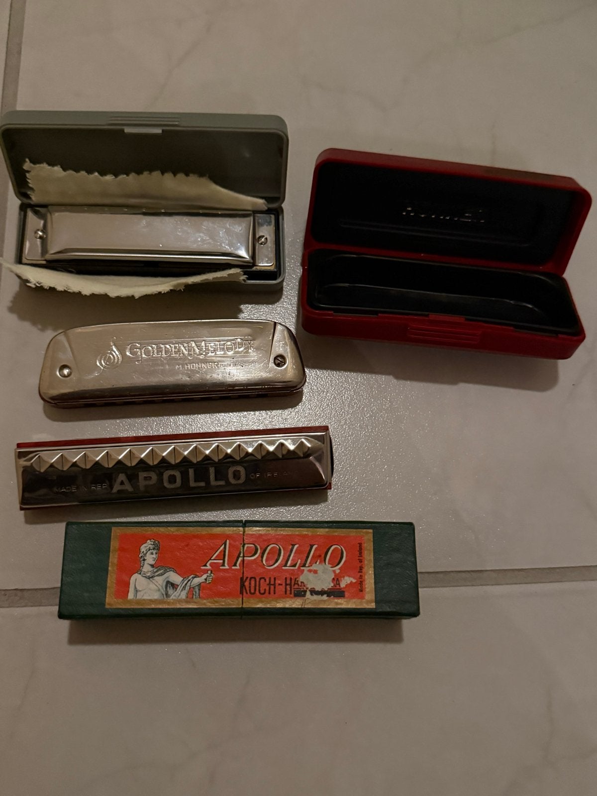 Vintage Mondharmonica's: Hohner, Golden Melody, Apollo, Ophalen of Verzenden, Gebruikt, Met koffer of doosje