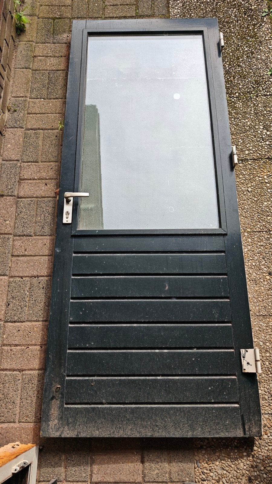 Donker groene houten buitendeur met glas, Doe-het-zelf en Verbouw, Deuren en Horren, Ophalen, Gebruikt, 80 tot 100 cm, 215 cm of meer