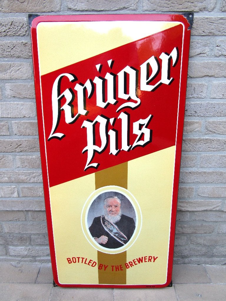 Emaille bord Krüger Pils 1956, Ophalen of Verzenden, Gebruikt, Reclamebord