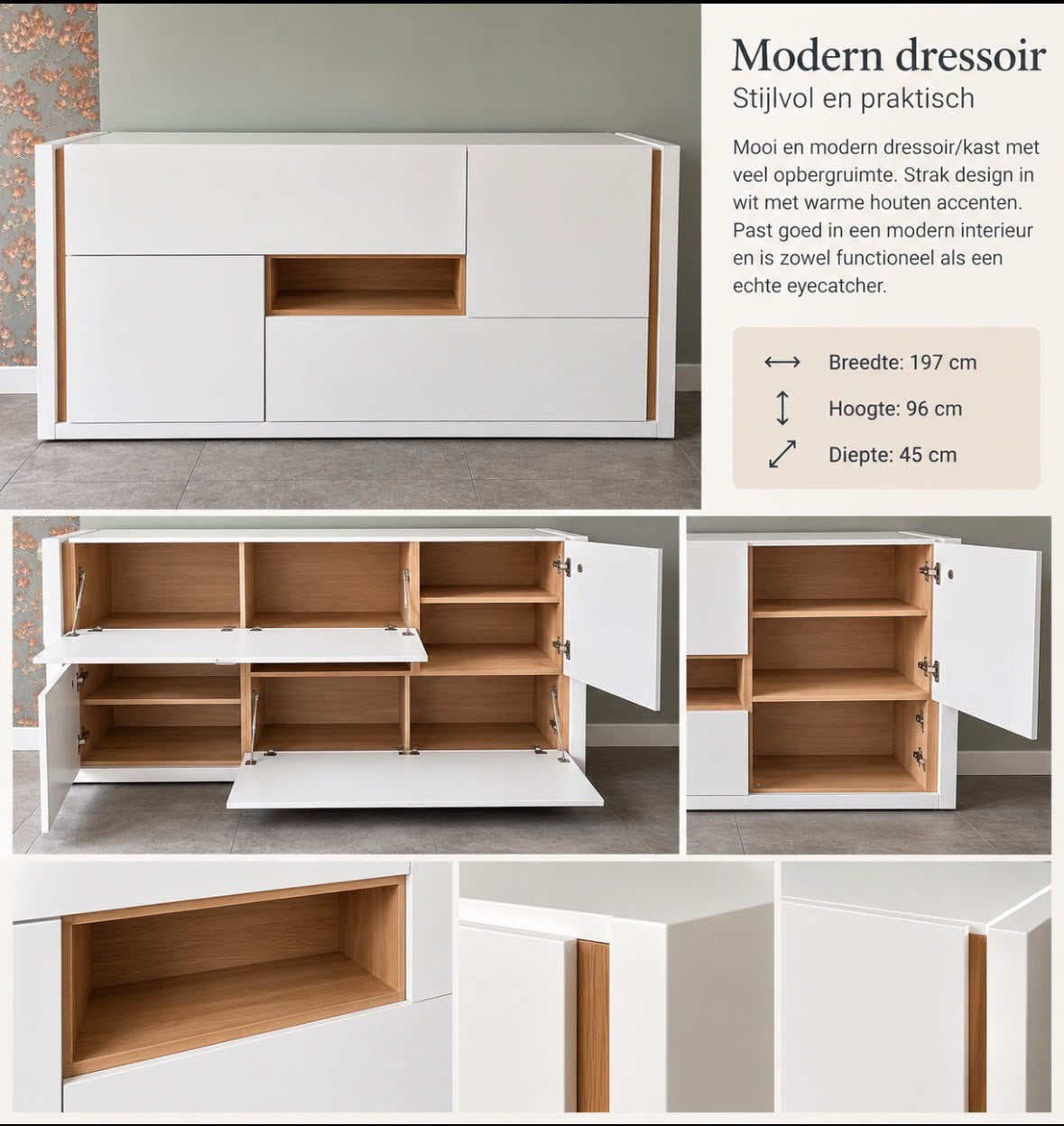 Modern wit dressoir met houtaccenten – 197 cm breed, Huis en Inrichting, Ophalen, Zo goed als nieuw, 25 tot 50 cm, 150 tot 200 cm