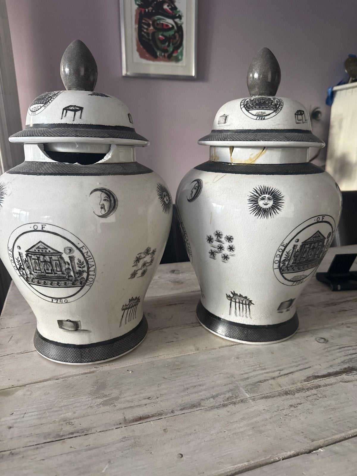 Set van 2 antieke sierpotten met deksel - beschadigd, Ophalen of Verzenden