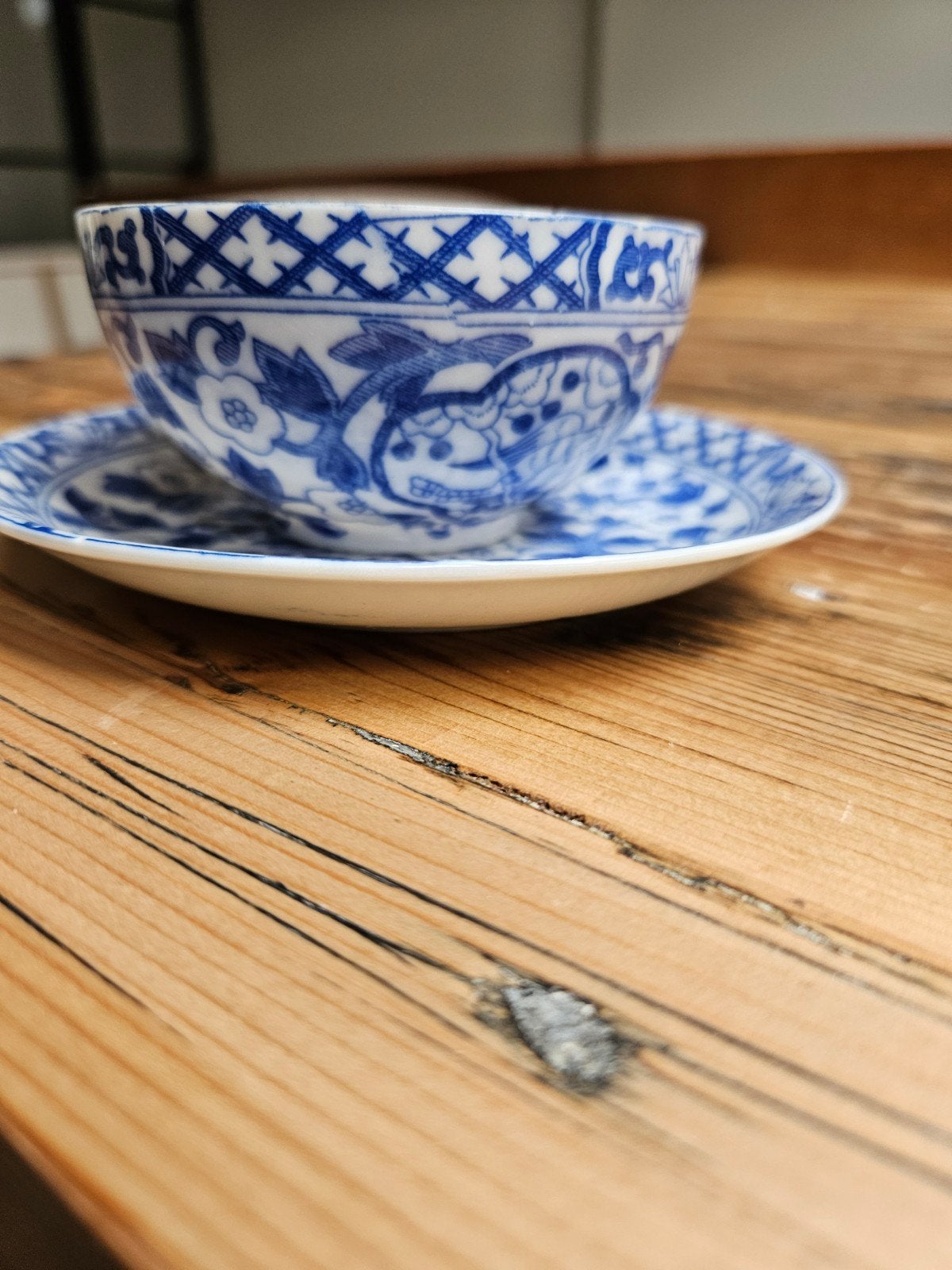 Vintage blauw-witte kop en schotel – Chinees/Japans decor, Antiek en Kunst, Ophalen of Verzenden