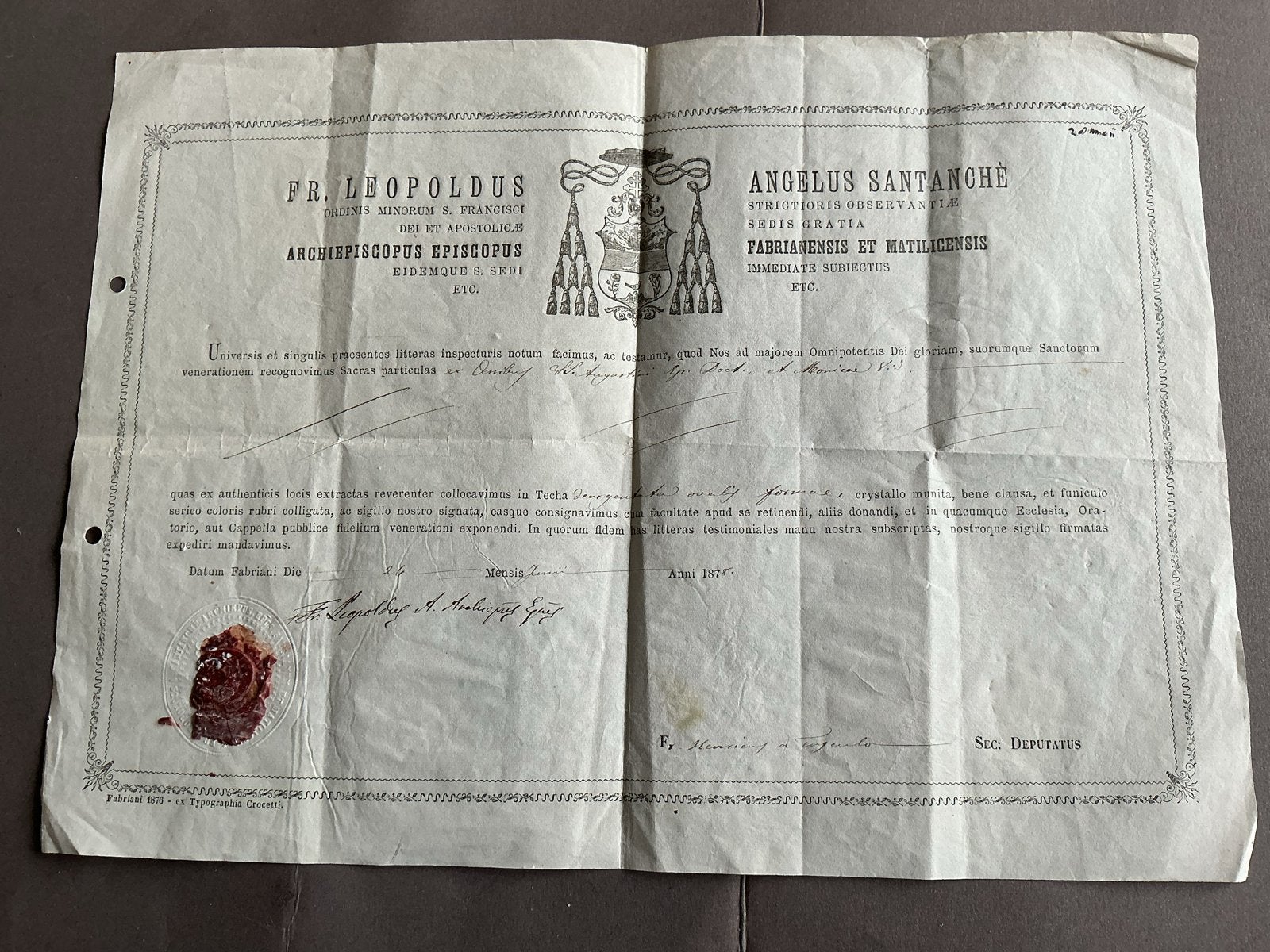 Oud document met zegel - Fr. Leopoldus & Angelus Santanchè, Antiek en Kunst, Verzenden