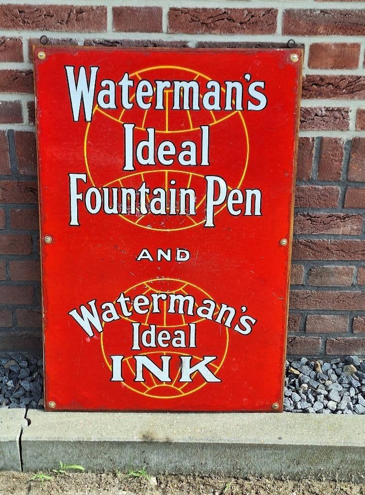 Emaille Waterman's Ideal Fountain Pen & Waterman's Ideal Ink, Reclamebord, Gebruikt, ., Ophalen of Verzenden