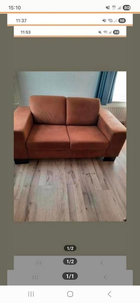 Bruine/terra kleurige  bank, twee zitplaatsen., Huis en Inrichting, Banken | Bankstellen, Ophalen, 75 tot 100 cm, Stof