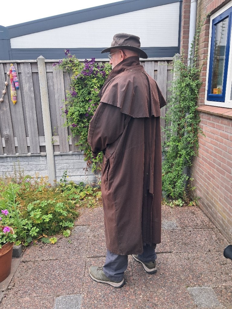 Originele Ierse Wax jas, lang, koffiebruin, met hoed, Overige maten, Ophalen of Verzenden, Gedragen, Onbekend