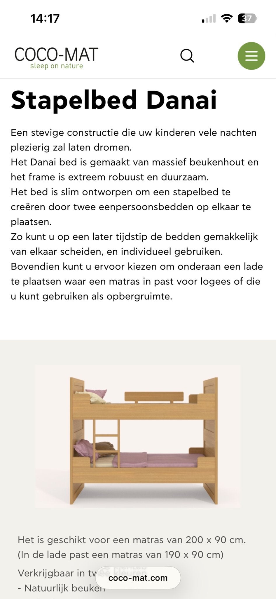 COCO-MAT Stapelbed Danai - Massief Beukenhout, 90 cm, Eenpersoons, Ophalen of Verzenden, Zo goed als nieuw