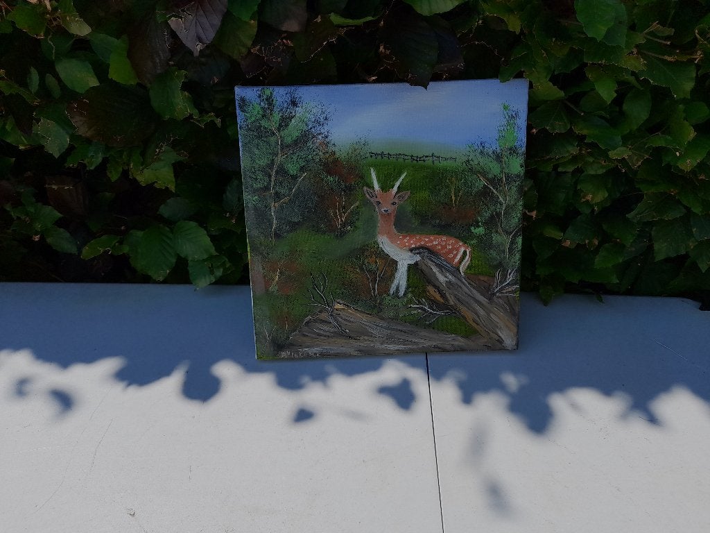 zeer mooi handgeschilderde schilderij met hert a v/d kamp, Ophalen of Verzenden, Zo goed als nieuw, Schilderij