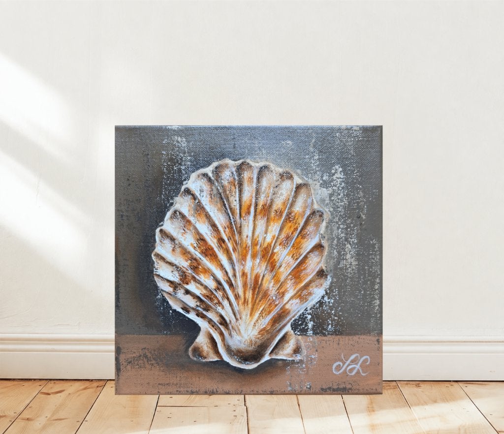 Hand-Painted Textured Scallop Seashell Painting. (20x20cm), Expressionistisch, Gesigneerd, Maritiem / water, Acrylverf