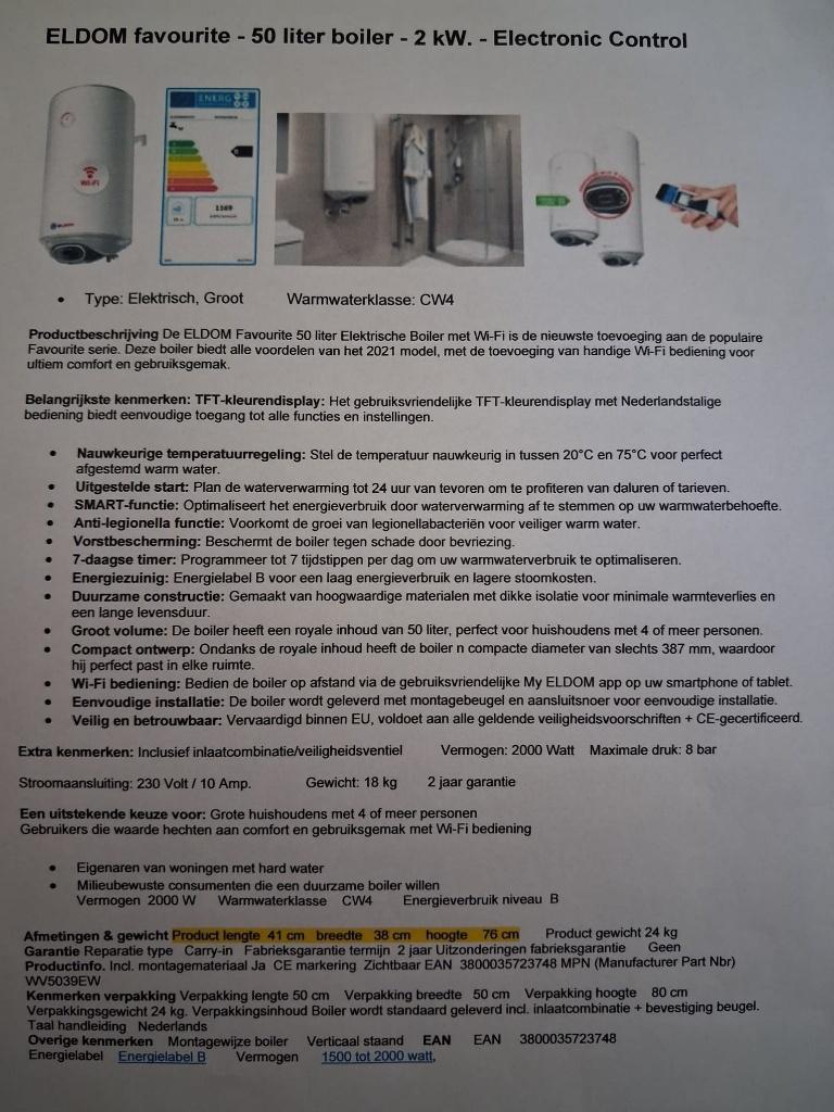 Eldom 50 ltr elektrische boiler, Doe-het-zelf en Verbouw, Geisers en Boilers, Ophalen, 20 tot 100 liter, Boiler, Minder dan 3 jaar oud