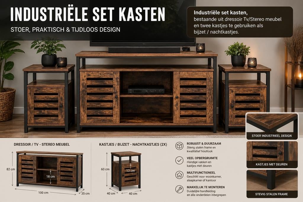 Industriële meubelset dressoir + twee nacht / bijzet kastjes, Ophalen, Metaal, Overige typen