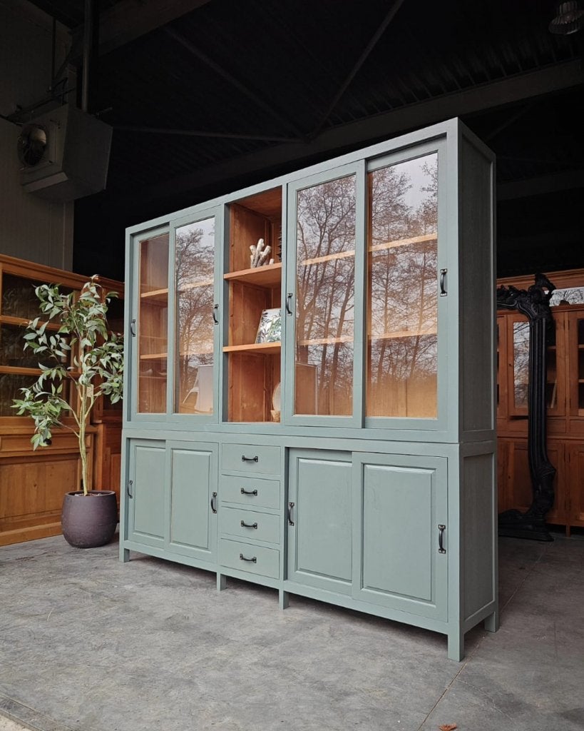 Grote winkelkast teakhout | teak | grijs, blauw, groen #528, Niet ingevuld, 200 cm of meer, Niet ingevuld, Met lade(s)
