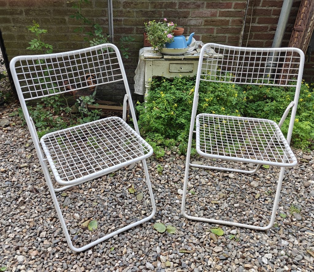 Vintage klapstoelen draadwerk metaal Witte stoel Industrieel, Ophalen, Gebruikt, Twee, Wit