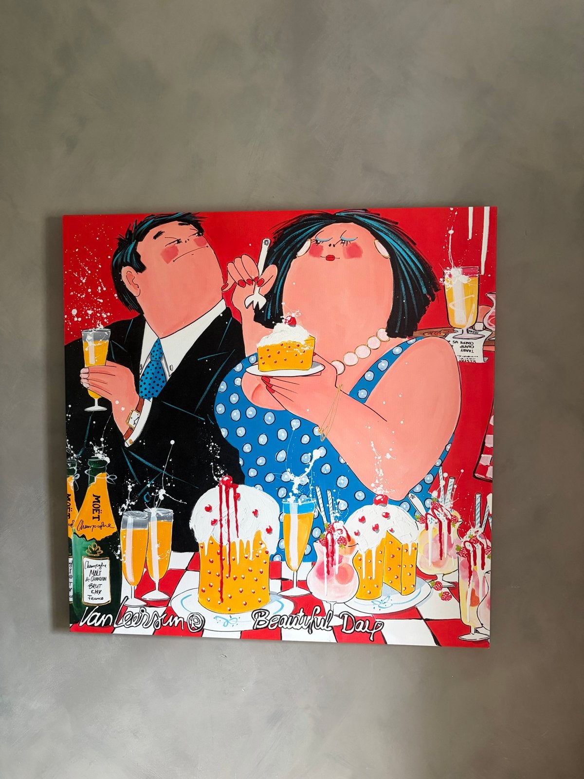 Van Leersum - 'Beautiful Day' - 75x75cm, Antiek en Kunst, Kunst | Schilderijen | Modern, Ophalen, Textiel, Print, Figuren