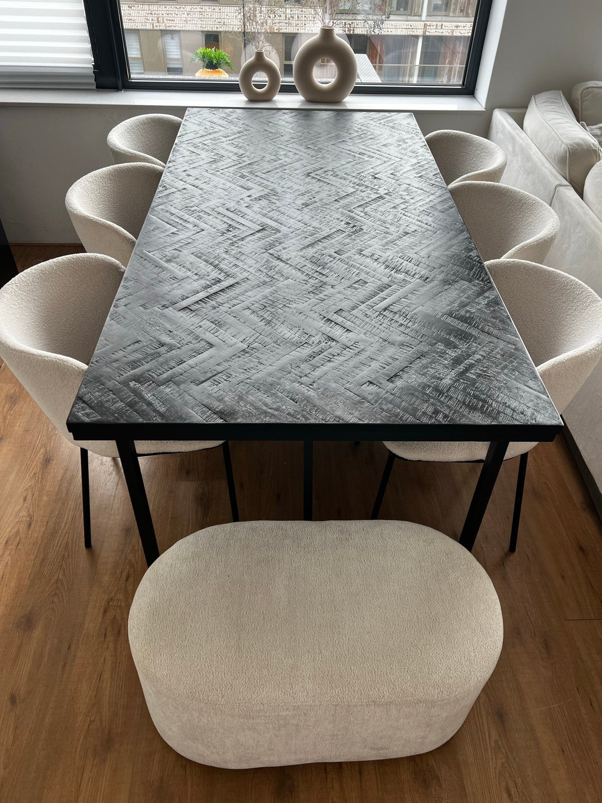 Eetkamer set: eettafel met 6 stoelen en poef, Huis en Inrichting, Ophalen, 200 cm of meer, 50 tot 100 cm, Zo goed als nieuw
