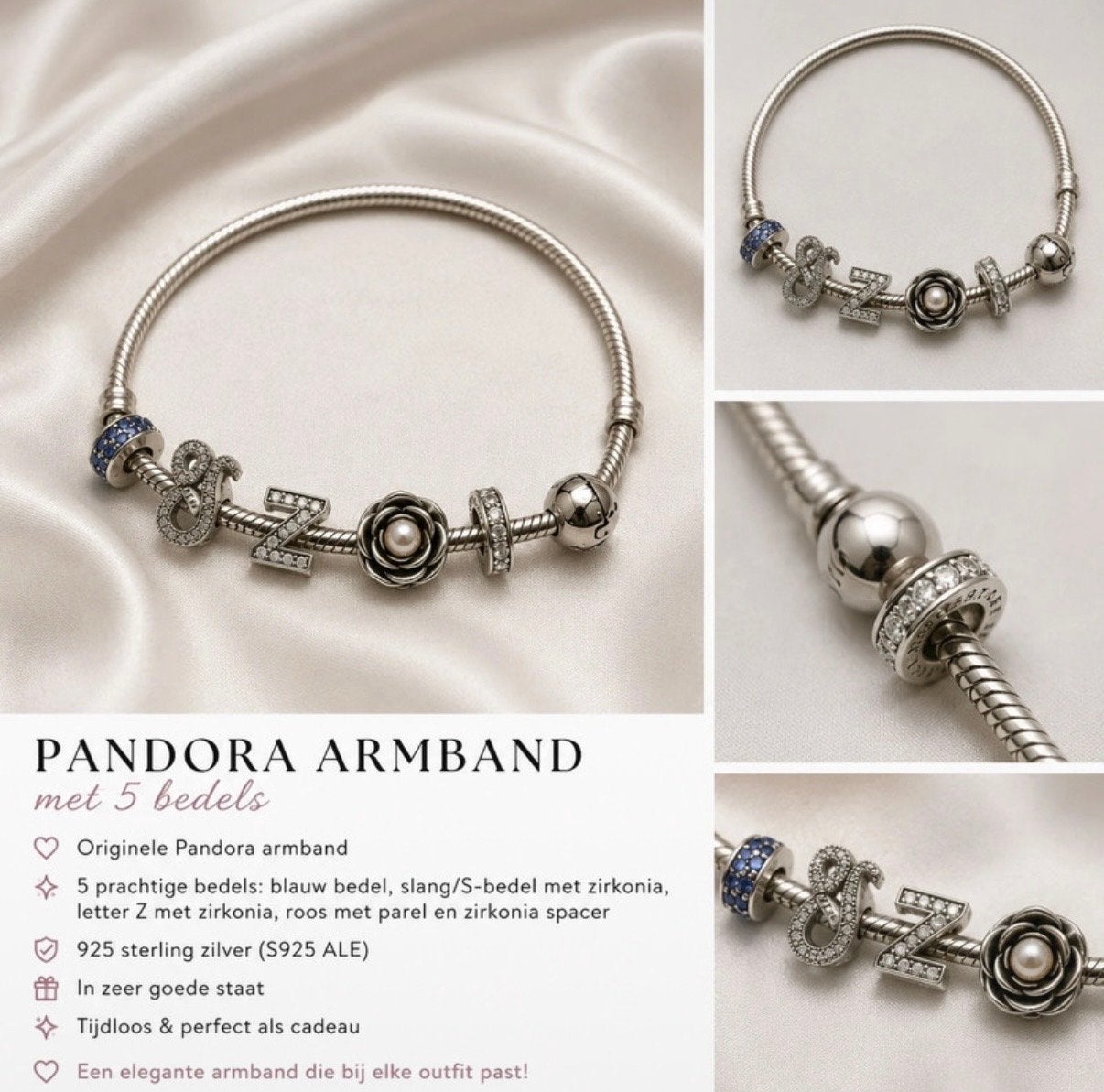 Pandora Armband met 5 Bedels - Zilver & Zirkonia, Ophalen of Verzenden, Zo goed als nieuw, Zilver, Met bedels of kralen