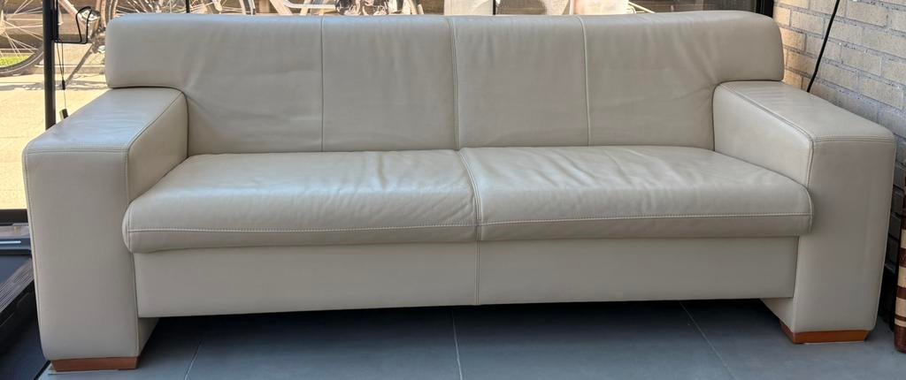 Leren bank - crème, Ophalen, Minder dan 75 cm, 150 tot 200 cm, Driepersoons