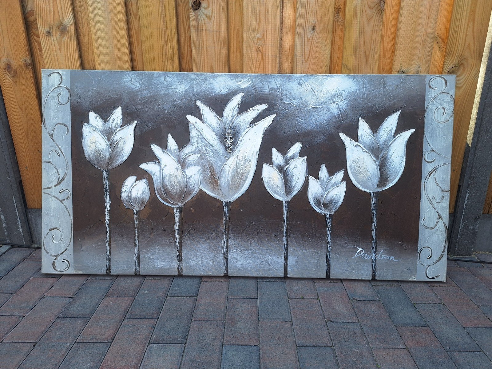 Groot schilderij met witte tulpen - 150x75 cm, Ophalen of Verzenden