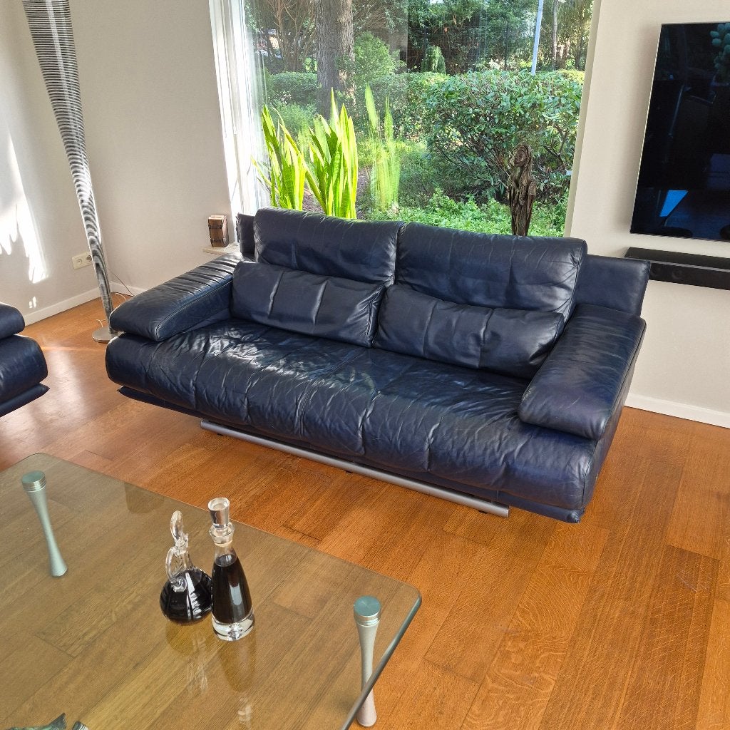 Mooie donkerblauwe lederen Rolf Benz 6500 2-zitsbank, Ophalen, Gebruikt, 150 tot 200 cm, Tweepersoons