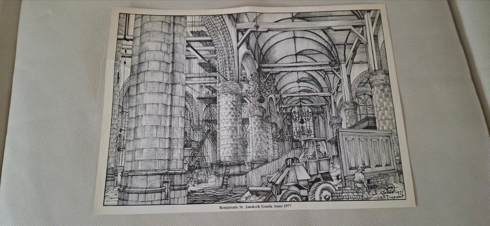 Tekening/ets -  Restauratie St. Janskerk Gouda Anno 1977, Antiek en Kunst, 30 cm, 1950 - 1999, Ophalen of Verzenden, 41 cm