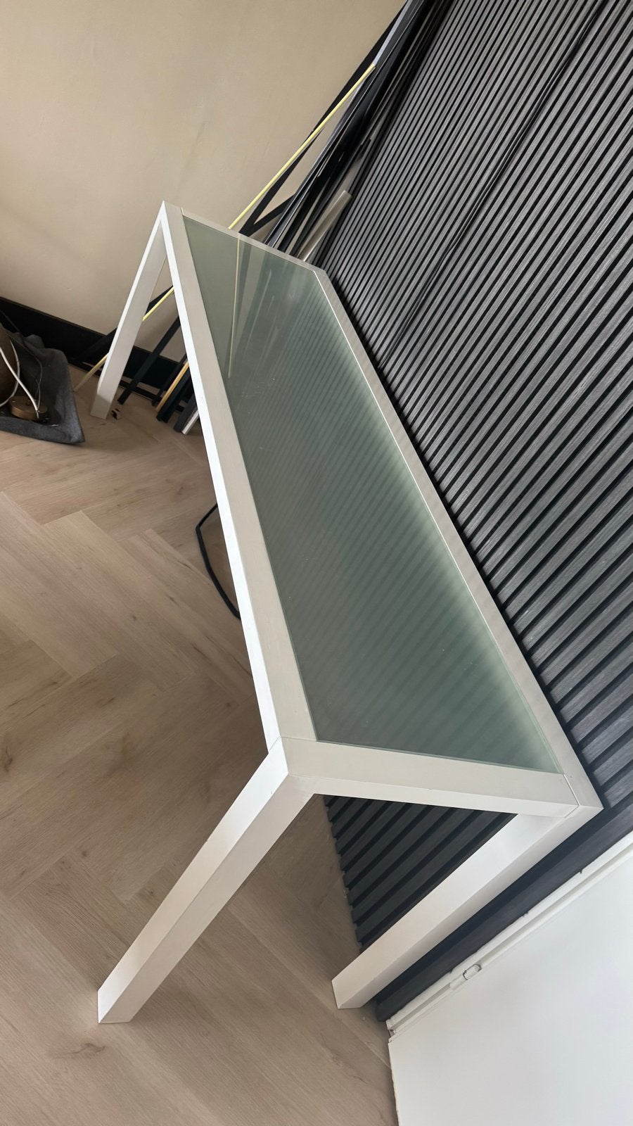 Glazen tafel 195x55 met witte lak en melkglas, Ophalen, Tot twee personen, 50 tot 100 cm, 150 tot 200 cm