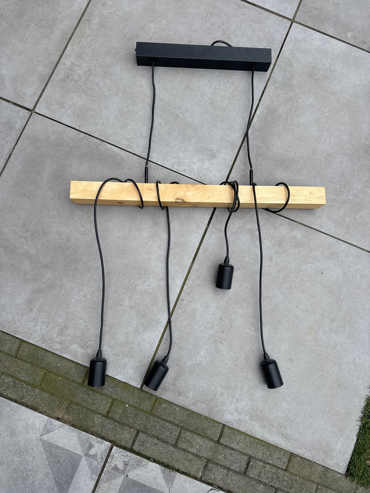 Hanglamp met houten balk en 4 fittingen, Ophalen, Gebruikt, Hout, 75 cm of meer