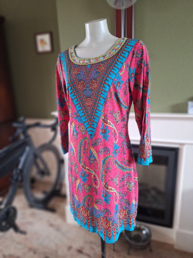 K-Design roze turquoise jurk met mooie hals lijn L open mouw, K-design, Verzenden, Maat 42/44 (L), Zo goed als nieuw