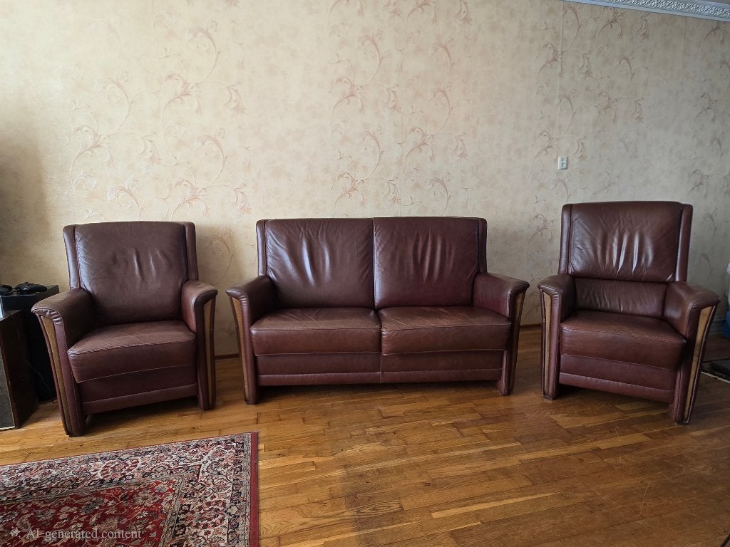 Handgemaakte Leren 2-zitsbank en 2 fauteuils - Rood-Bruin, Ophalen, Gebruikt, Klassiek, 150 tot 200 cm
