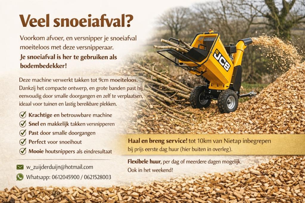 Snoeiafval? TE HUUR: houtversnipperaar., Ophalen of Verzenden, Nieuw, Benzine, JCB