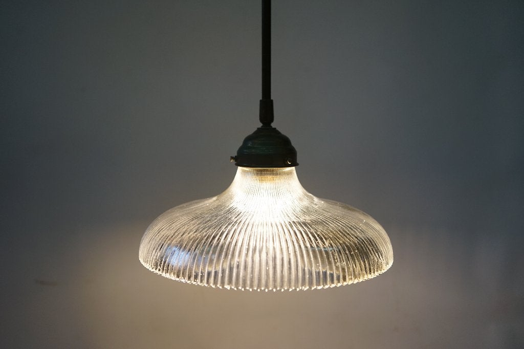 antiek holophane lamp glas 26cm messing armatuur verstelbaar, Antiek en Kunst, Ophalen of Verzenden