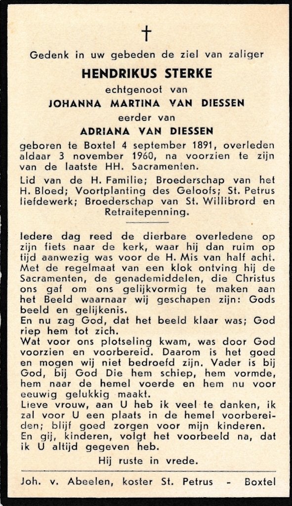 Sterke Hendrikus 1891 Boxtel 1960, Ophalen of Verzenden, Bidprentje