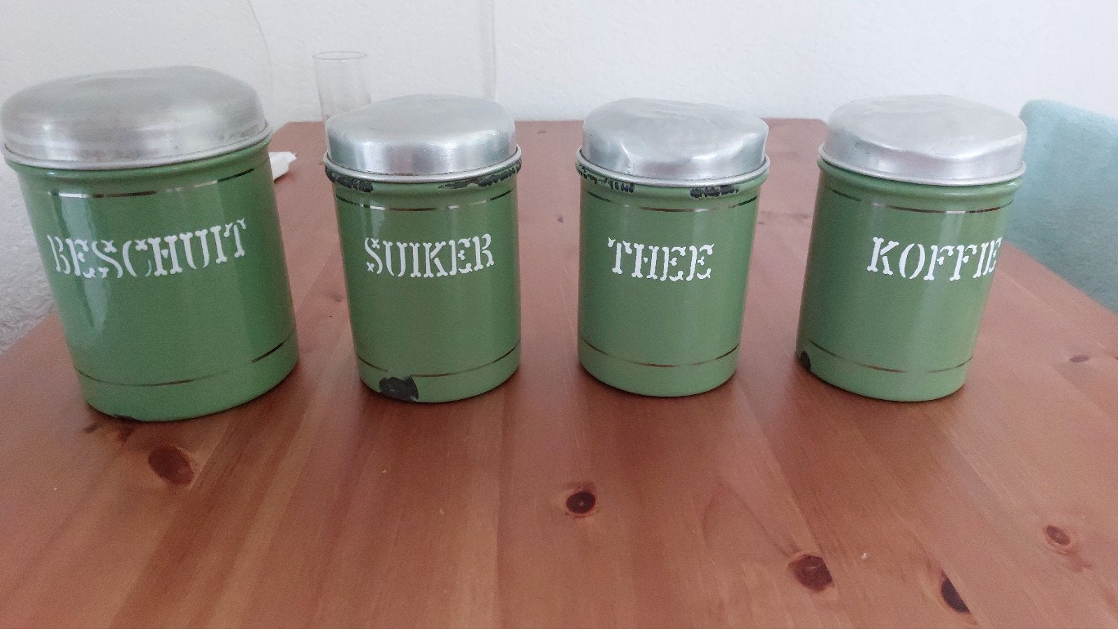 Vintage voorraadblikken set - Koffie, Thee, Suiker, Beschuit, Ophalen