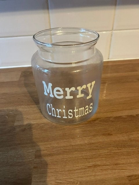 kerst 044 glazen pot Merry Christmas hoogte 18cm doorsnede, Ophalen of Verzenden, Gebruikt