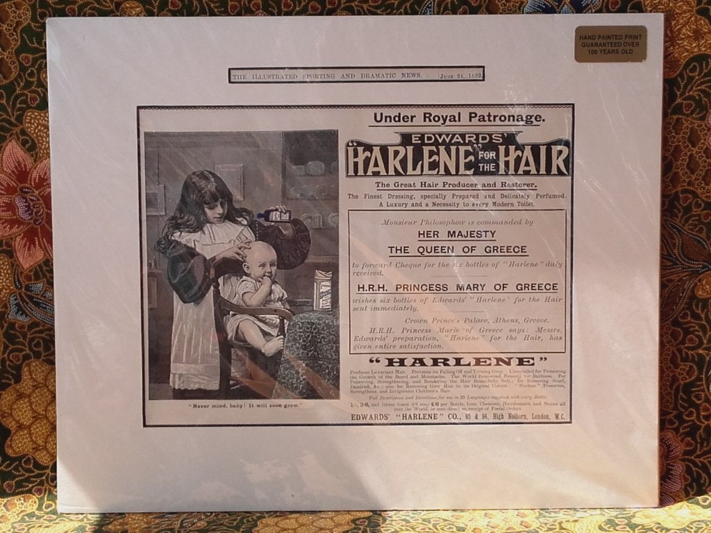 Harlene for the hair antieke reclame gravure uit Engeland.