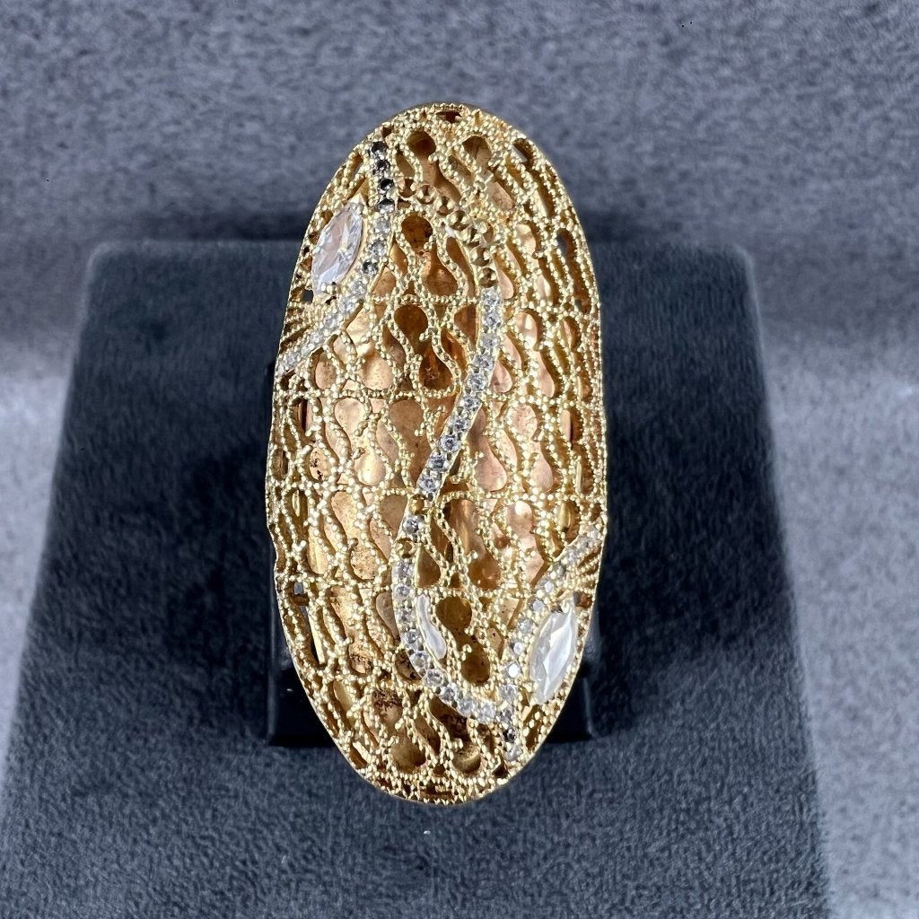 Gouden Ring | 14k | 7,36g | ovale tafel +zirk | 20,5| 413455, Gebruikt, 20 of groter, Ophalen of Verzenden, Dame